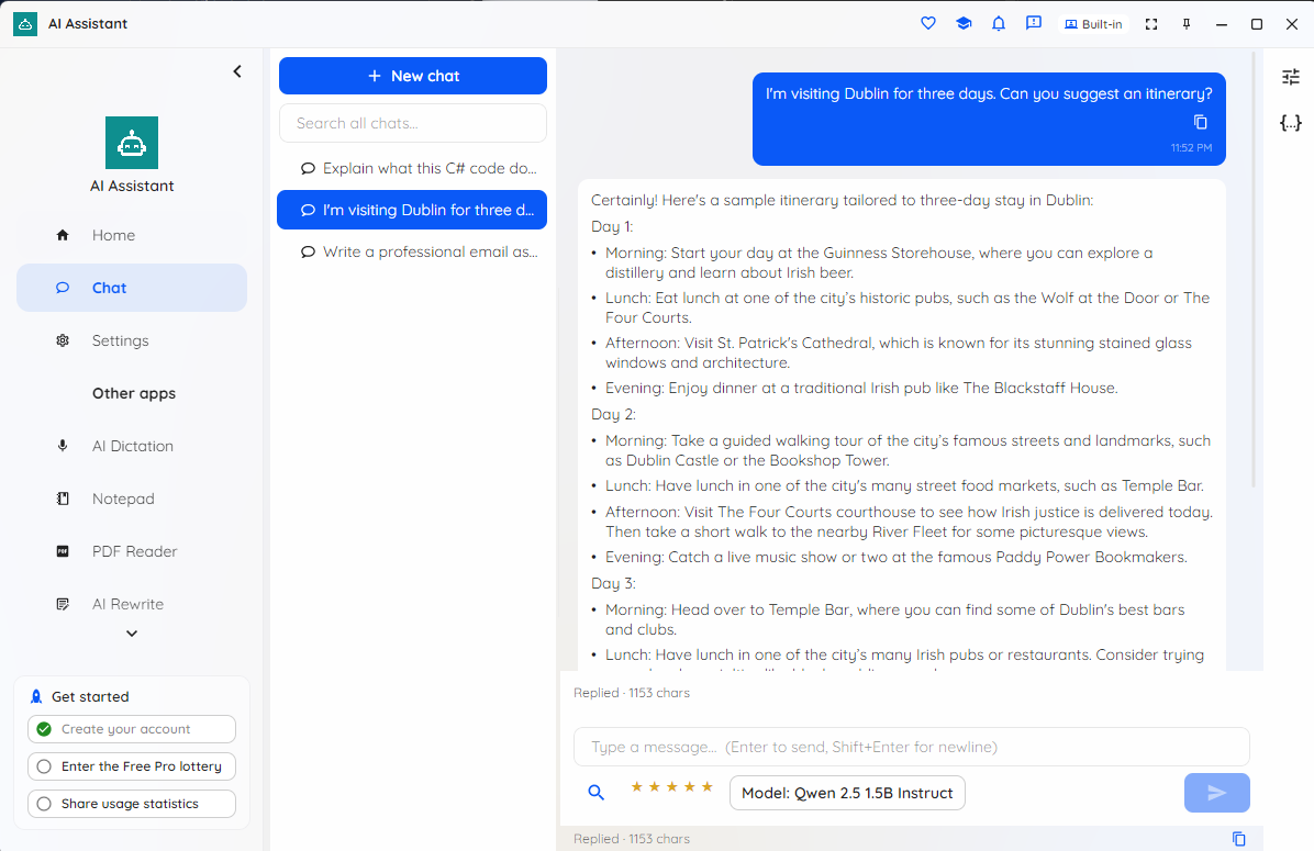 Local AI Assistant chat view with a streaming reply