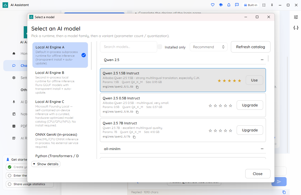 Local AI Assistant on-device model picker