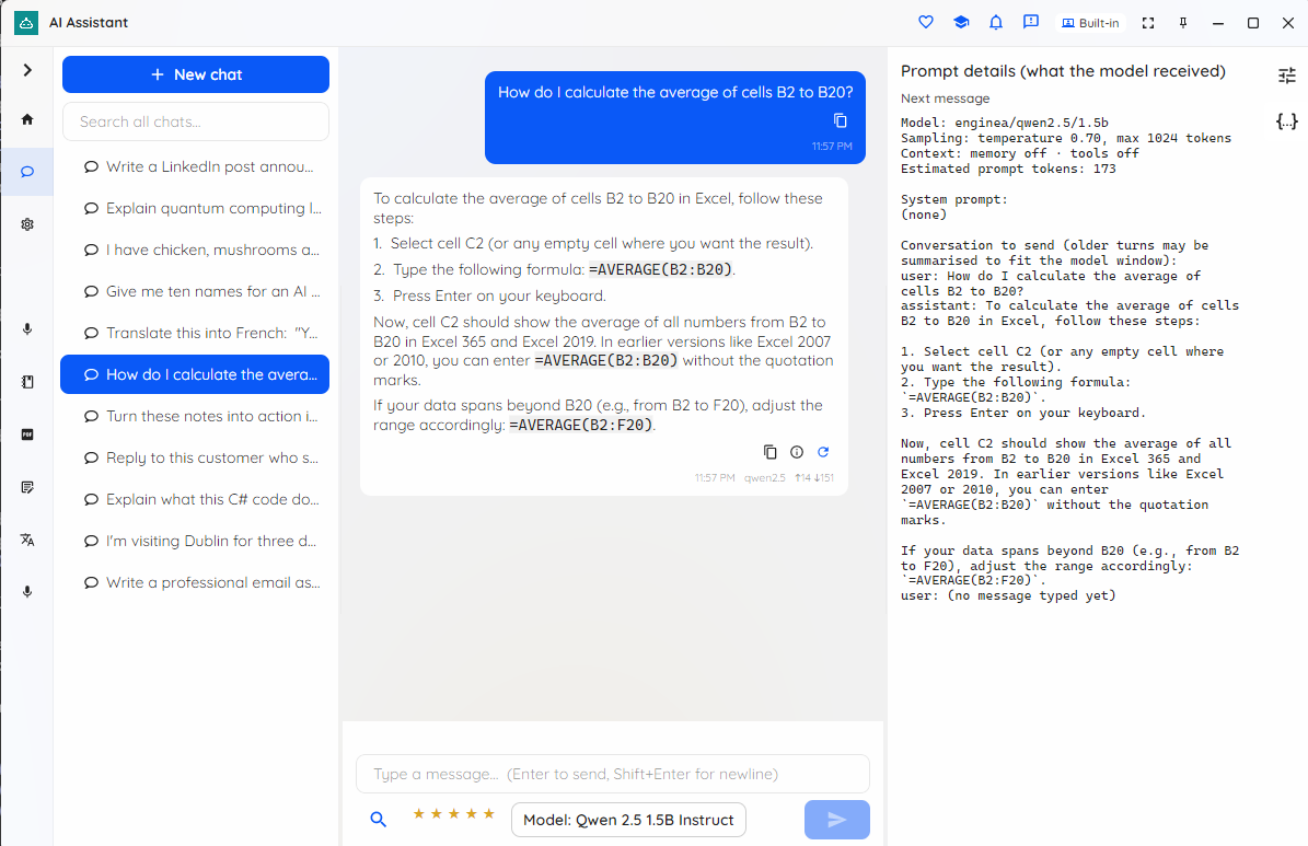 Local AI Assistant per-chat context controls