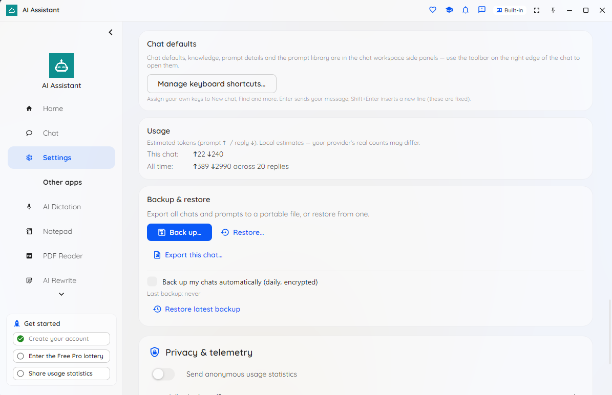 Local AI Assistant settings, privacy and backup