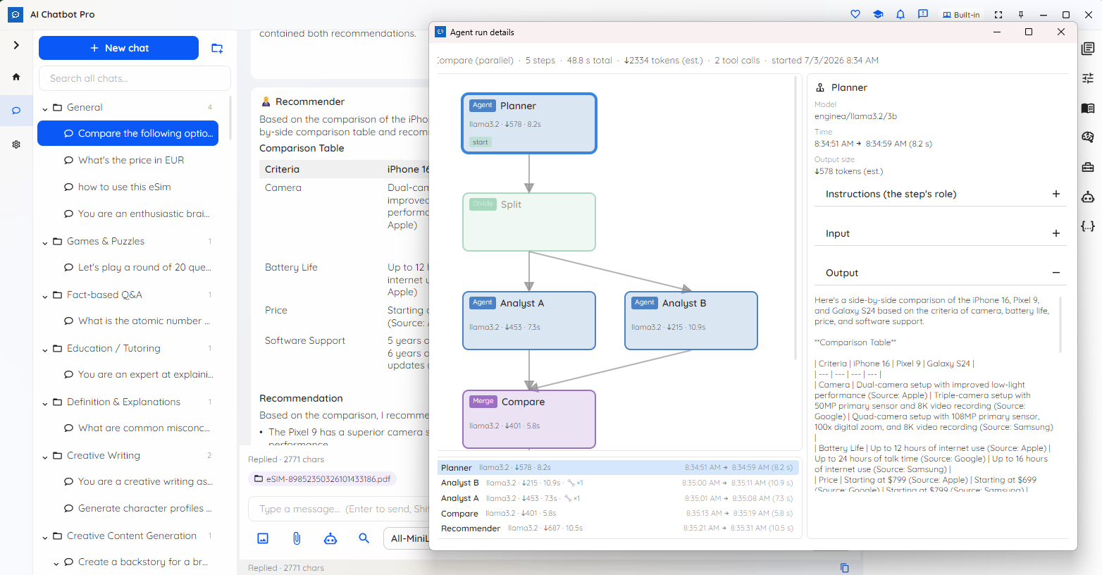 A goal-driven agent workflow graph in Local AI Chatbot with per-step trace (Pro)