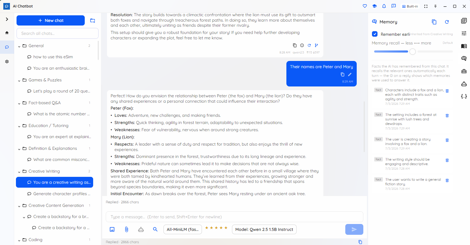Durable conversation memory in Local AI Chatbot showing which memories were used