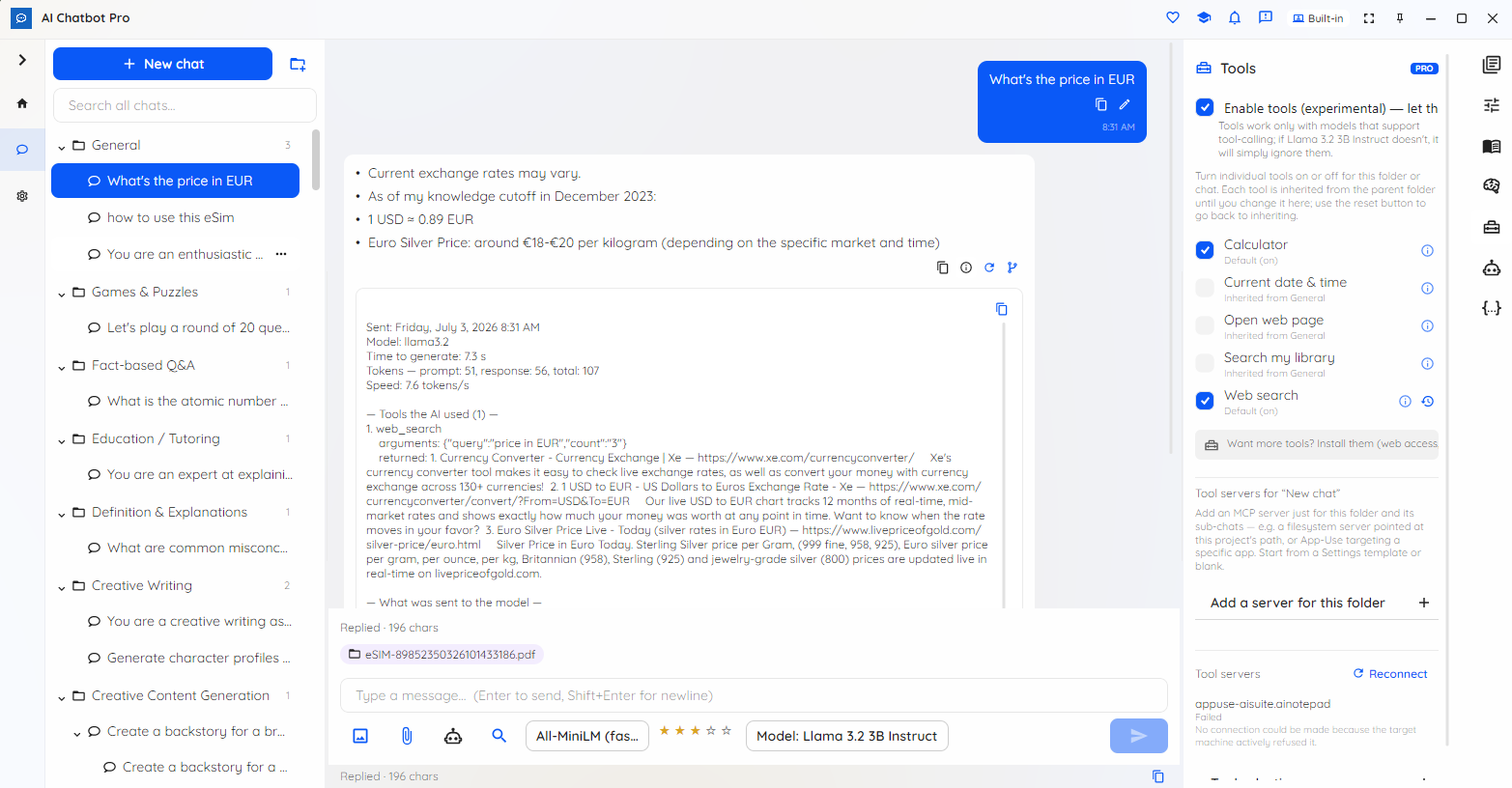 Local AI Chatbot tools such as calculator, clock and web search (Pro)
