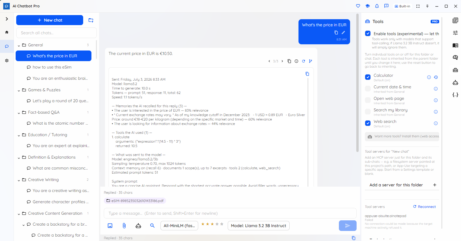 Local AI Chatbot connected MCP tool servers with each tool call shown (Pro)