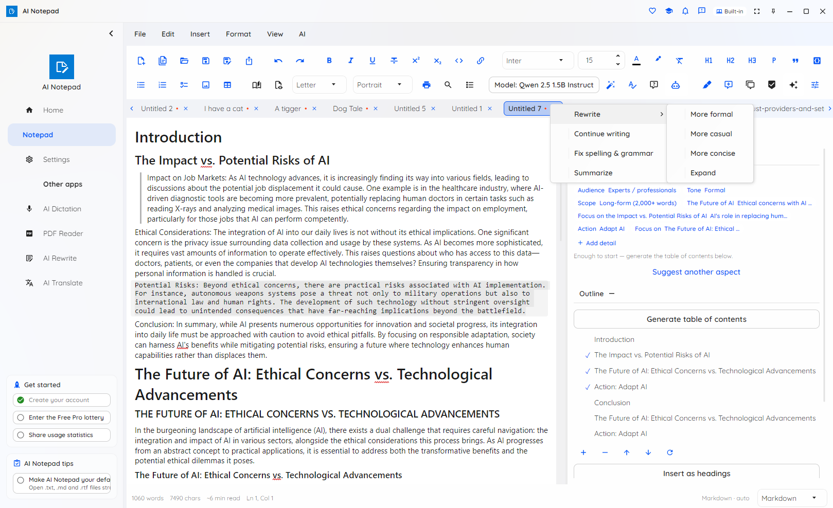AI Notepad AI tools menu for the selected text
