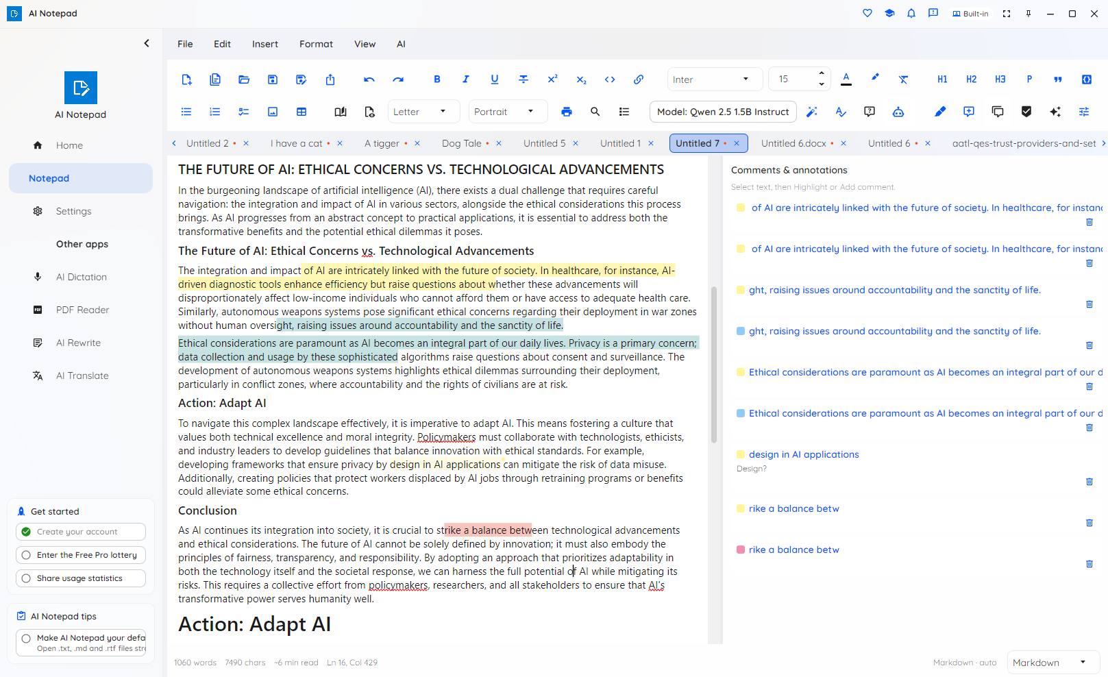 AI Notepad highlighting and commenting on text