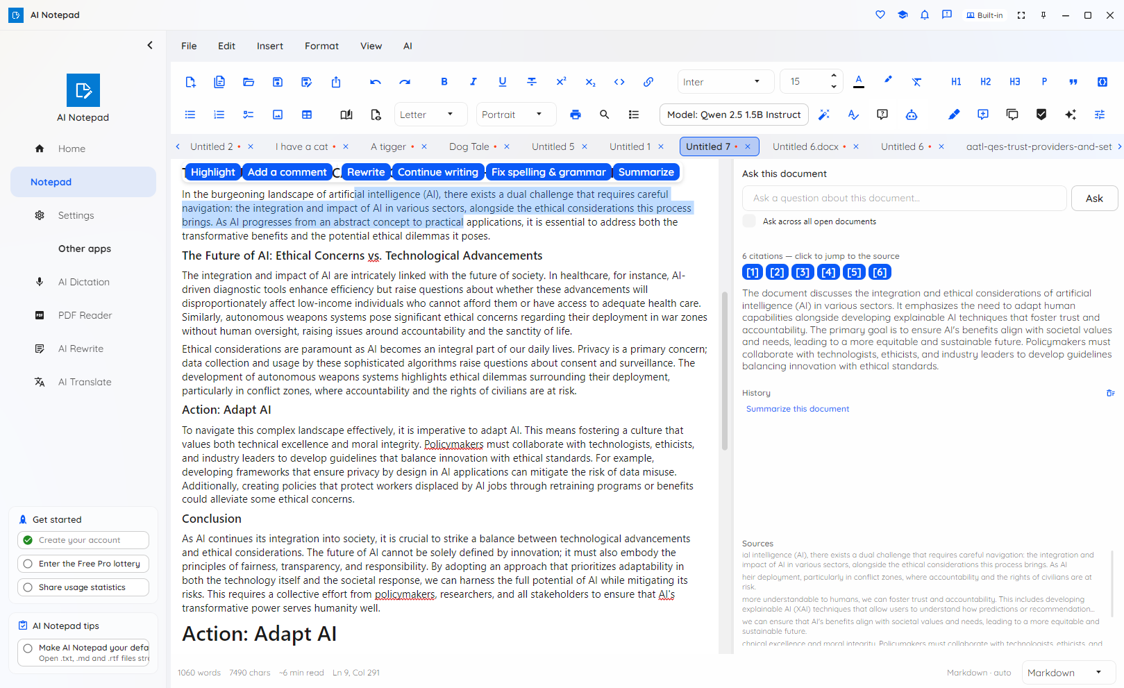 AI Notepad asking a question about the document with citations
