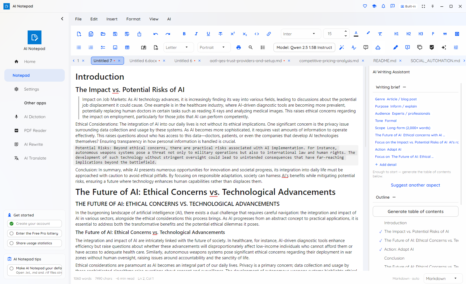 AI Notepad main editing view with formatted text