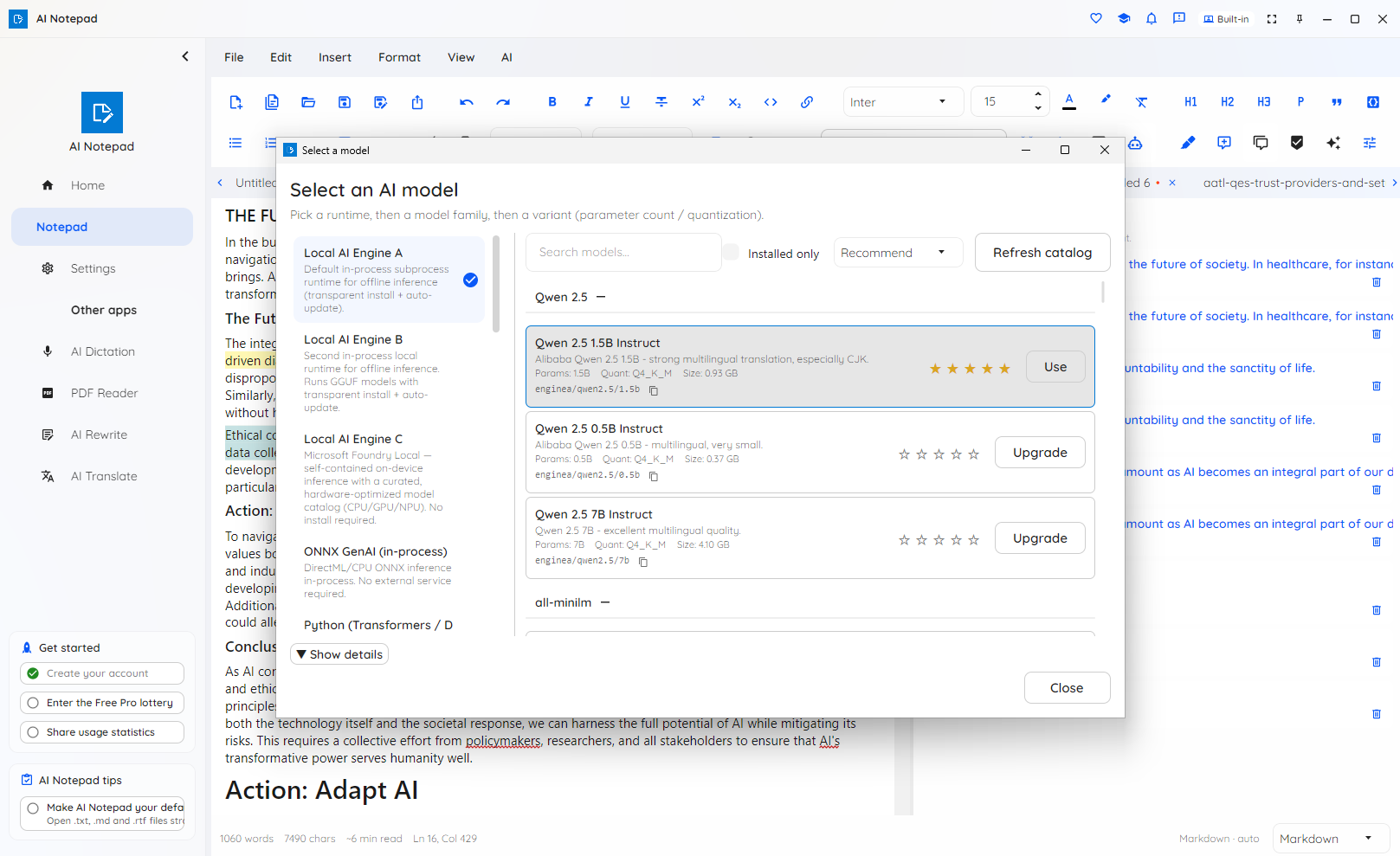 AI Notepad on-device model picker