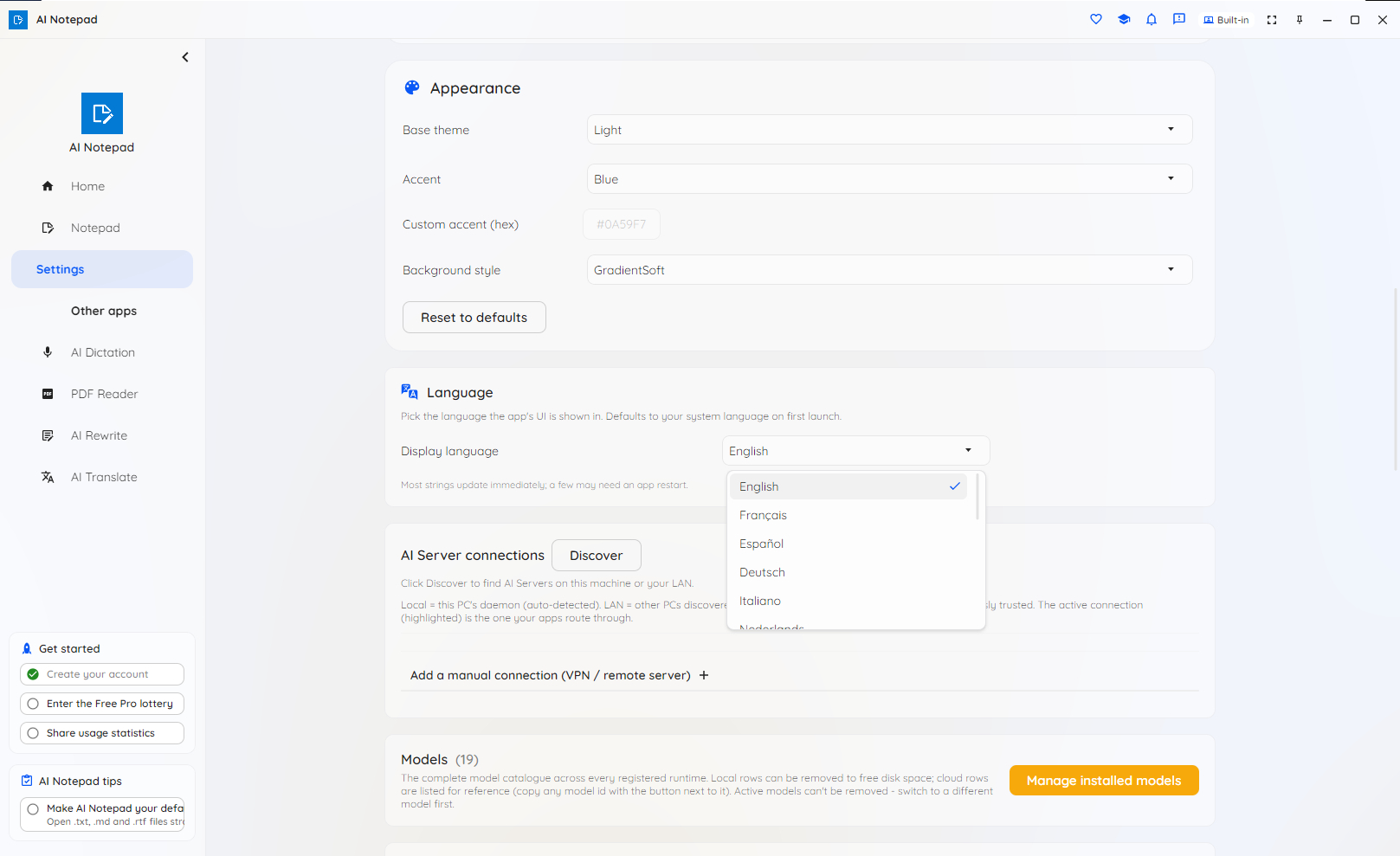AI Notepad interface language selection