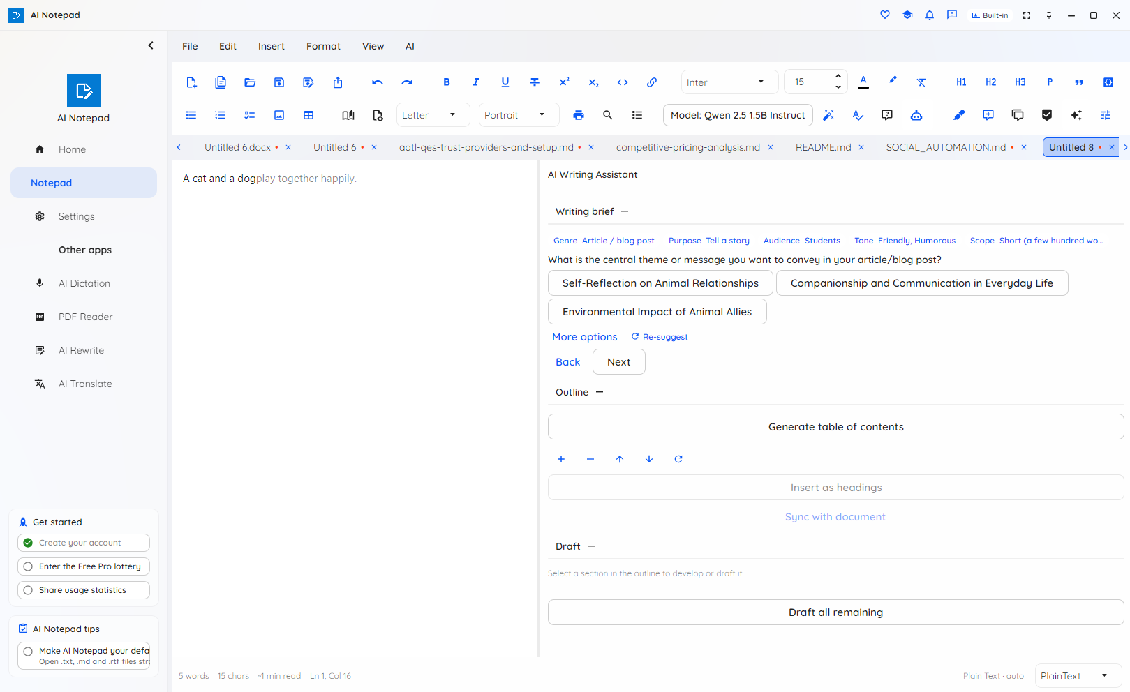 AI Notepad writing assistant guiding a draft from an outline