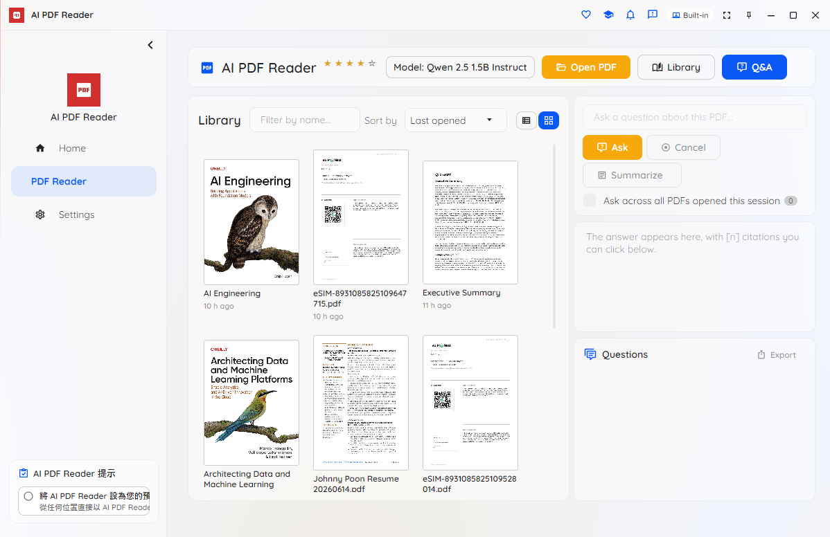 AI PDF Reader library of recent documents