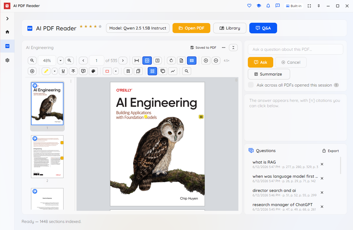 AI PDF Reader showing a PDF page preview with the question panel