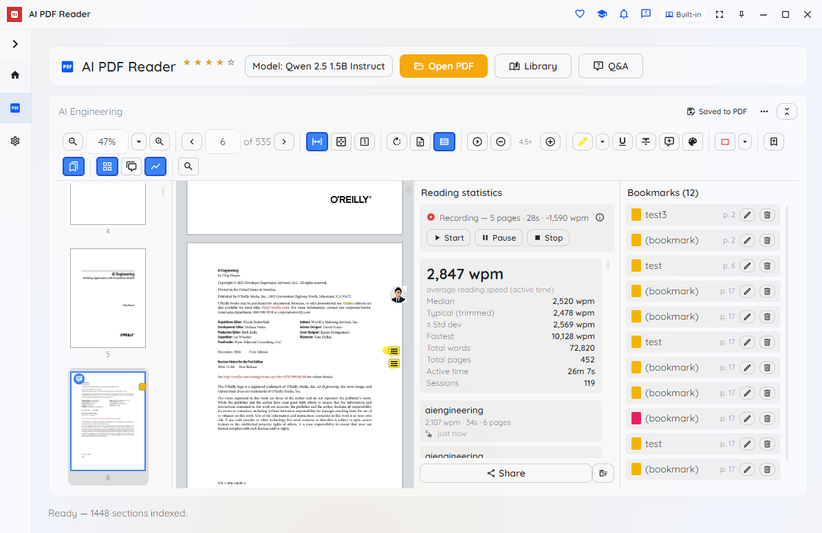 AI PDF Reader reading statistics and bookmarks panel