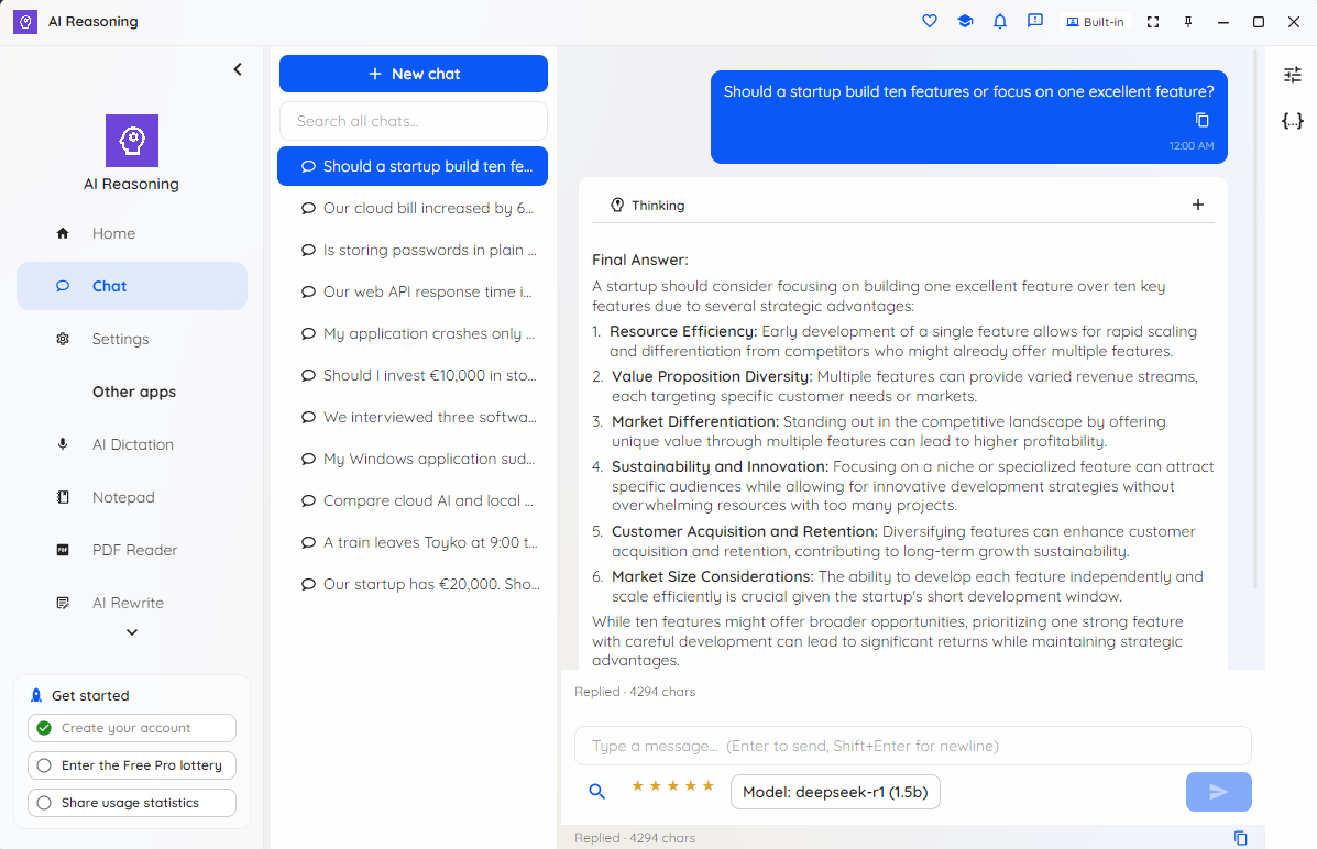 AI Reasoning chat with a streaming step-by-step answer and Thinking section