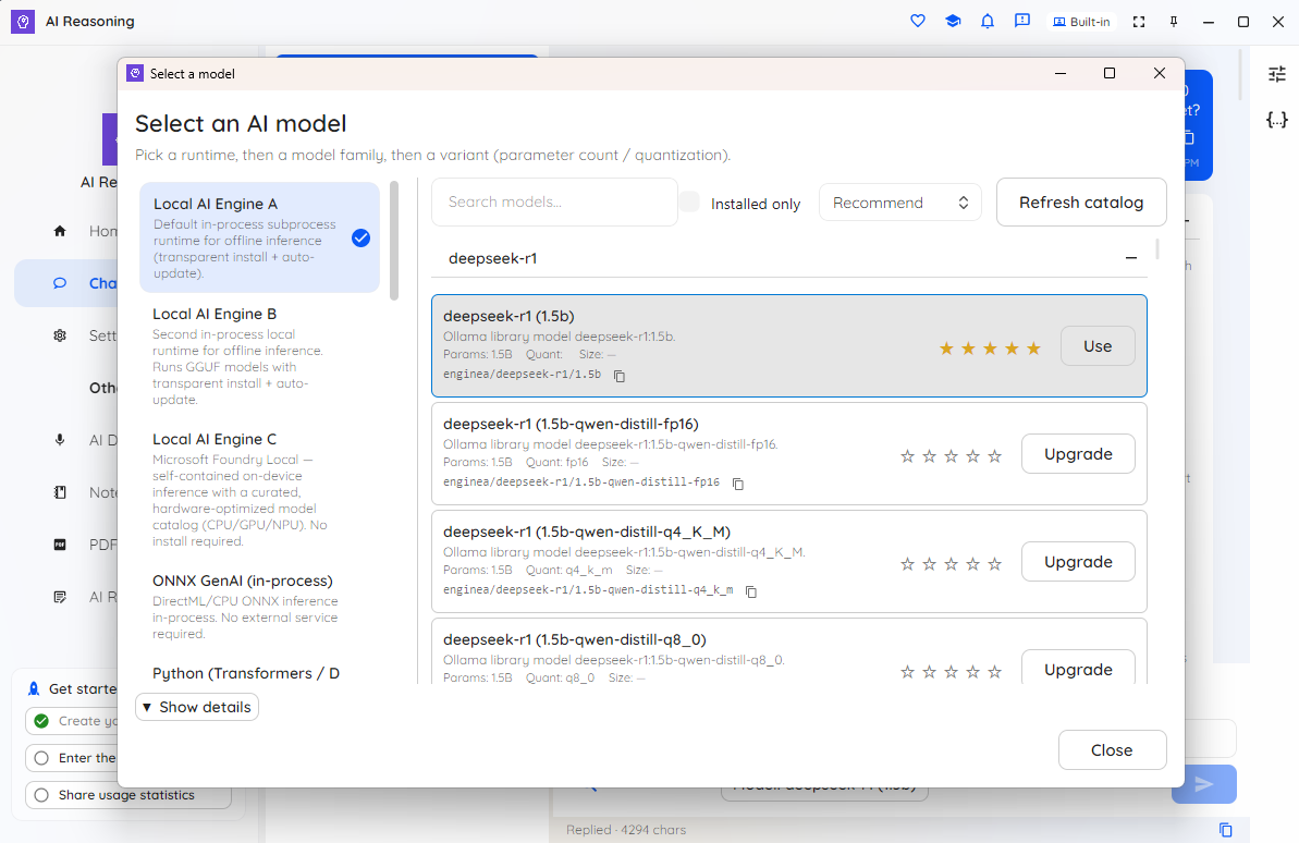 AI Reasoning model picker filtered to reasoning models