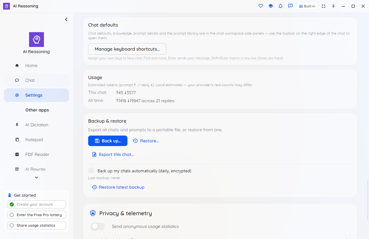 AI Reasoning settings and privacy