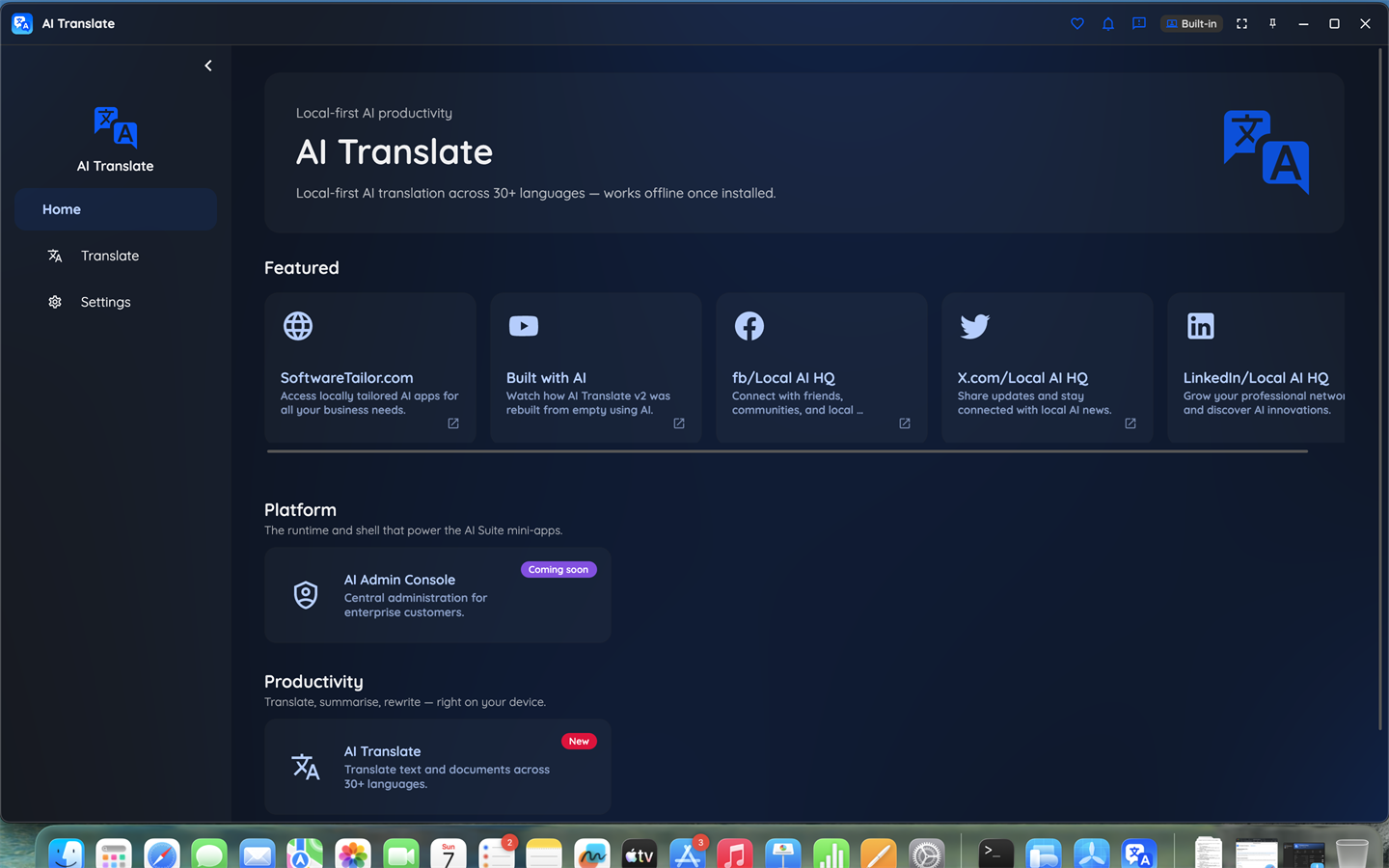 AI Translate home screen showing the model picker and language selection