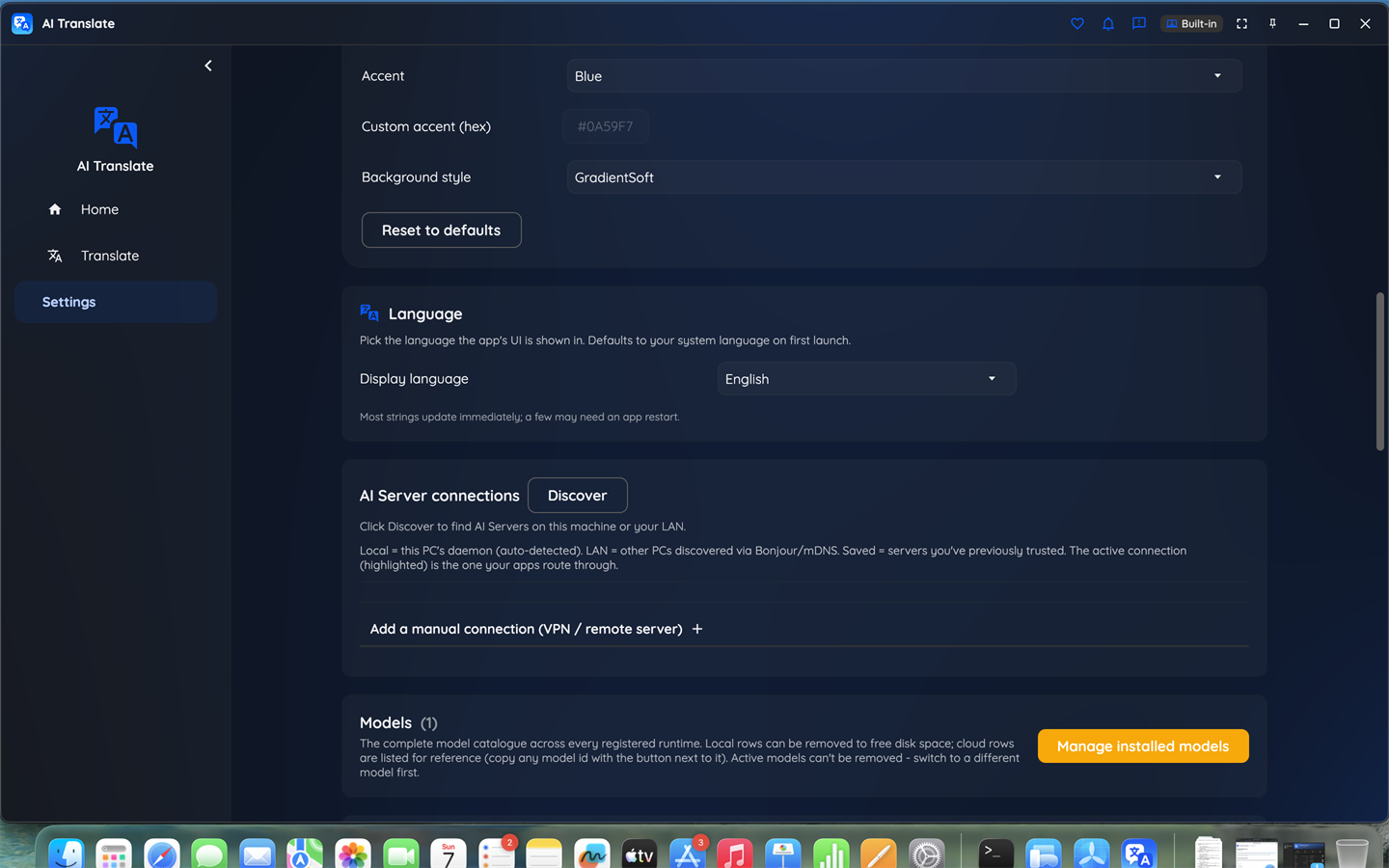 AI Translate settings screen with model management and preferences
