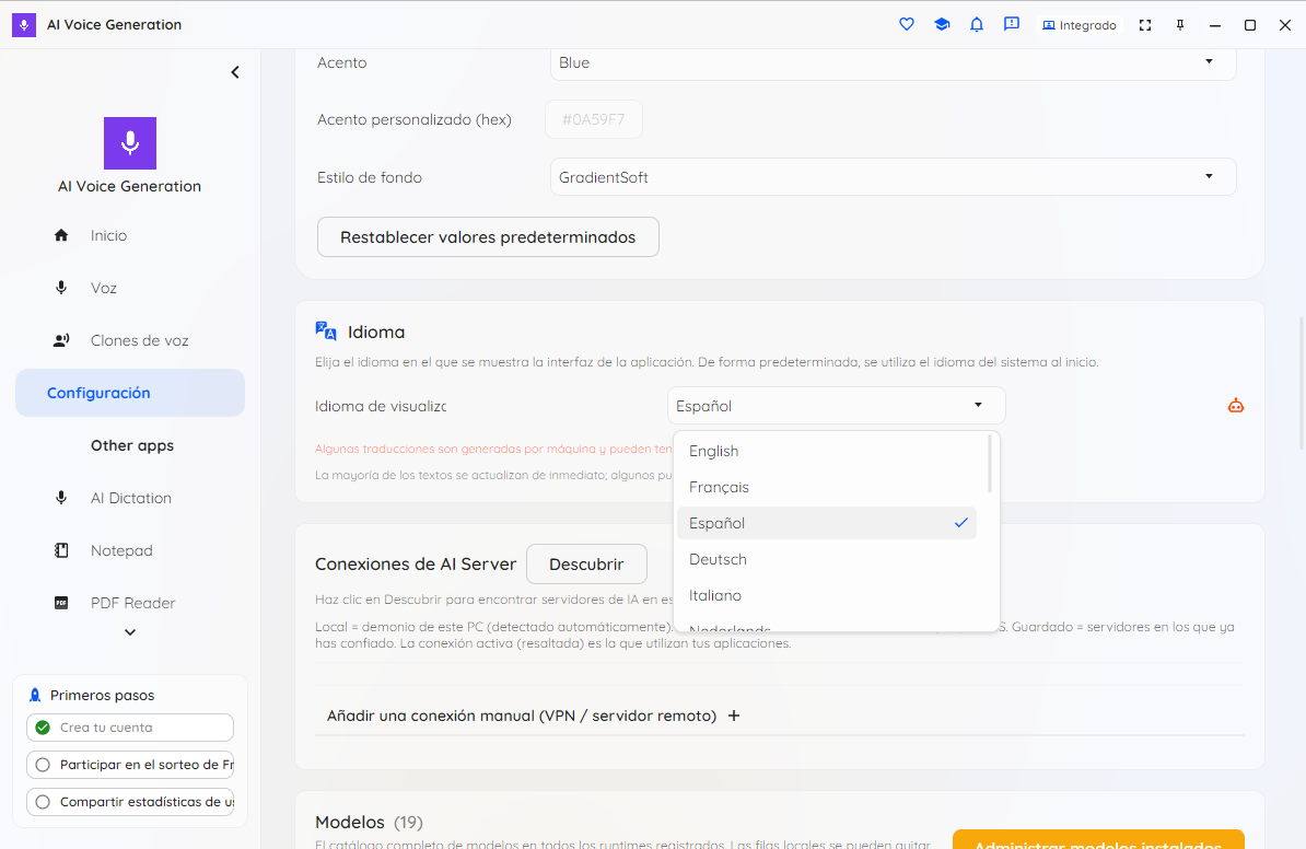 Le sélecteur de langue d'interface affichant les 16 langues prises en charge