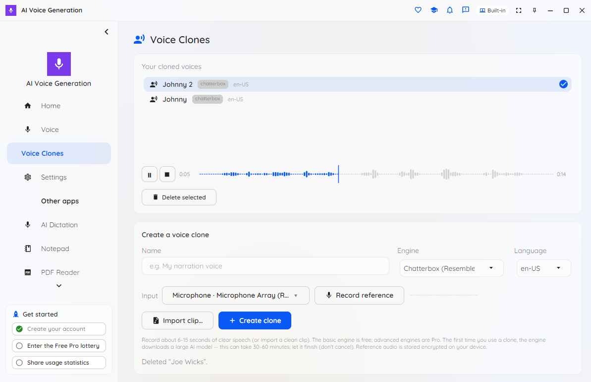 La page Clones de voix où une voix clonée personnalisée est créée à partir d'un extrait de référence