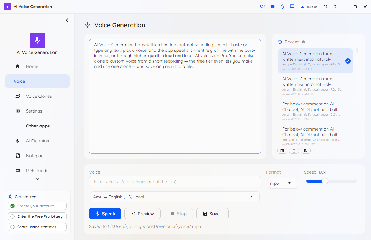 La page AI Voice Generation avec du texte saisi, le sélecteur de voix, le contrôle de vitesse et les boutons Lire, Stop et Enregistrer